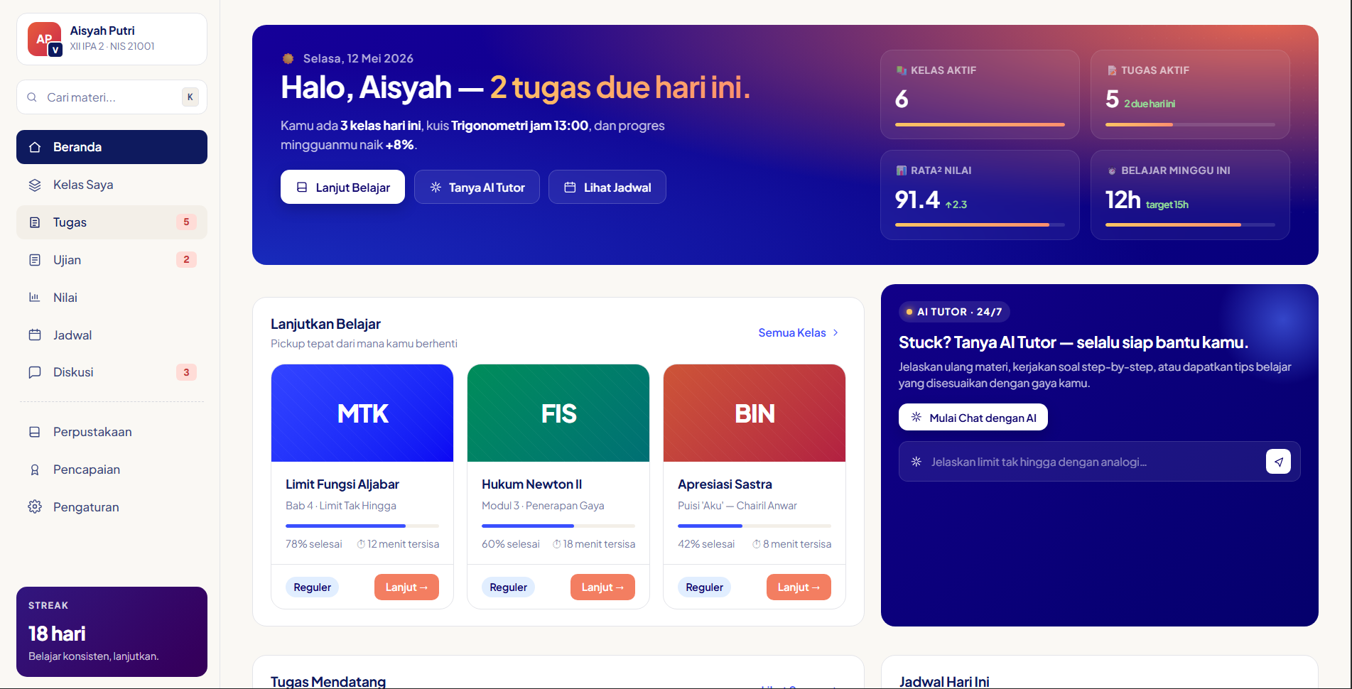Knowvia learner home with AI tutor